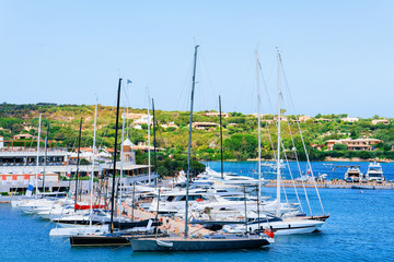 Wall Mural - Marina with luxury yachts in Mediterranean Sea in Porto Cervo