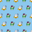 © AgusCami - Kawaii pirate cats, super cute, happy cartoon characters, colorful seamless pattern in blue. Talk like a pirate day and halloween design for backgrounds, textile, wrapping paper and wallpaper