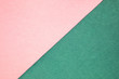 Textured and plain paper sheets divided diagonaliy creating line partition. Trendy soft pink and green abstract duo tone background design. Place for text. Top view.