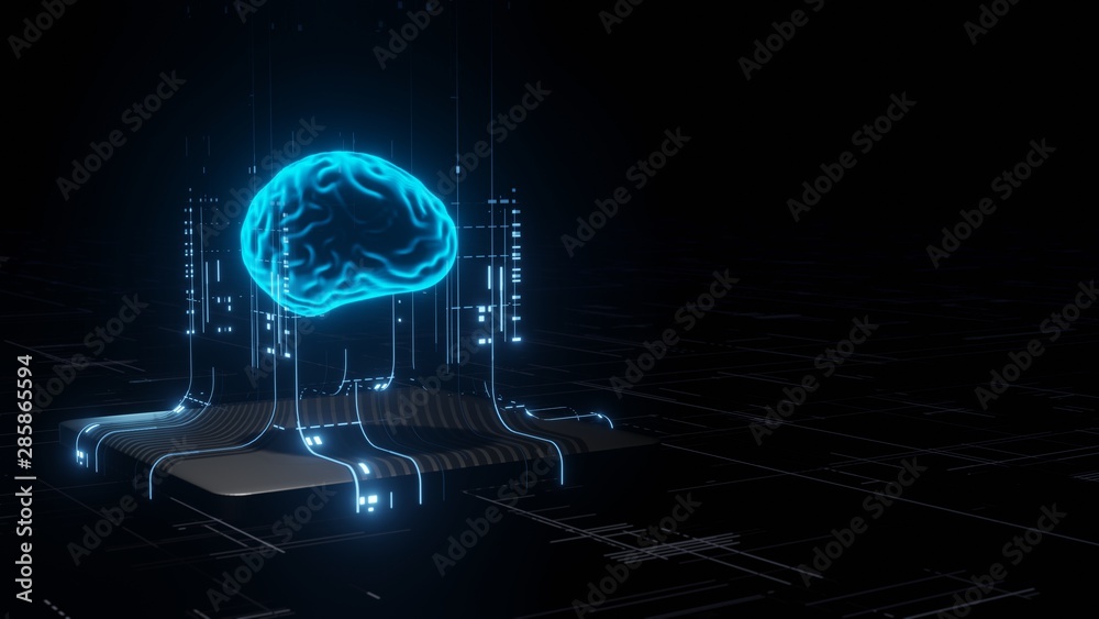 3D Rendering of Artificial Intelligence hardware concept. Glowing blue brain circuit on microchip on computer motherboard. For big data processing, ai trading, machine learning, technology background - obrazy, fototapety, plakaty 