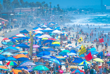 Sticker - Hundreds of colored umbrellas at the beach