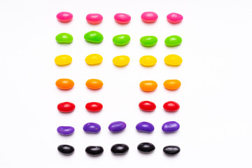 colorful jelly beans candies white background Top view