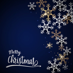 Poster - Merry christmas and Happy new year postcard. Abstract sparkling gold and white snowflake with Christmas calligraphy on dark blue background