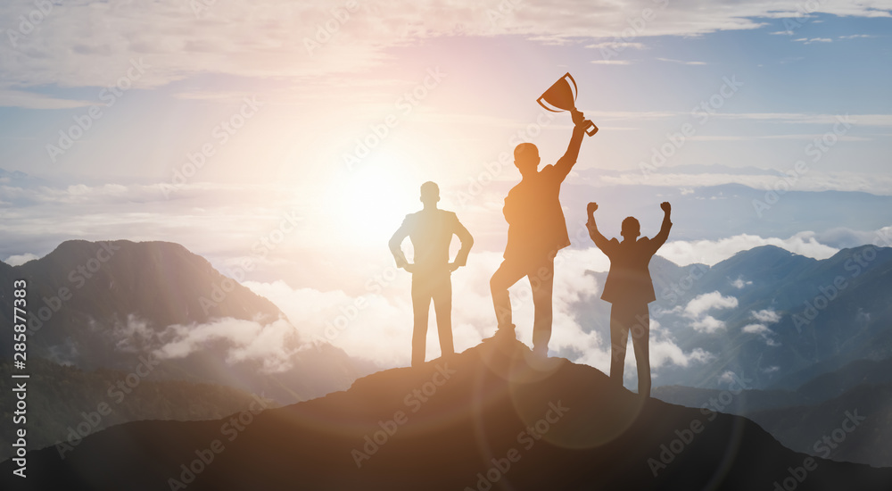 Achievement and Business Goal Success Concept - Creative business people with icon graphic interface showing employee reward giving for business success achievement. - obrazy, fototapety, plakaty 