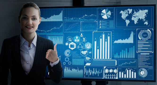 Data Analysis for Business and Finance Concept. Graphic interface showing future computer technology of profit analytic, online marketing research and information report for digital business strategy.