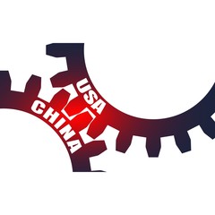 Wall Mural - Mechanism of Gears. Communication concept in industrial design. Modern brochure design template. Web Banner, Layout Template. Politic and economic relationship between USA and China.