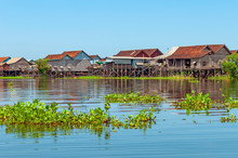 The Colorful Stilt Houses In The Floating Village Of Kompong Khleang By The Tonle Sap Lake, Siem Reap, Cambodia.