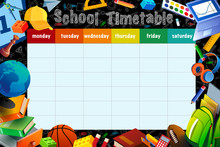 School Timetable, Weekly Classes Schedule On Blackboard Background. Vector School Timetable Chalk Sketch Schedule, Education Supplies And Student Study Items, Basketball Ball, Books And Pens