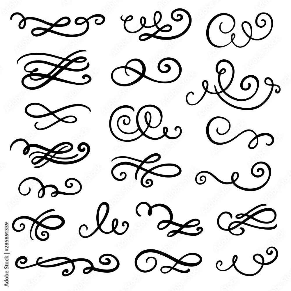Vector divider, swirl and curl set. Romantic flourish and border decoration line elements - obrazy, fototapety, plakaty 
