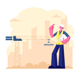 Poster - Architect or Engineer Worker Wearing Helmet Holding Project Blueprint Stand at Building Site with Working Crane. Builder Male Character Occupation Engineering Concept Cartoon Flat Vector Illustration