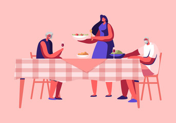 Wall Mural - Young Woman Serving Table Putting Dish with Delicious Meal on Table with Senior Cheerful People Sitting. Happy Family Holiday Event Thanksgiving Day Celebration Dinner Cartoon Flat Vector Illustration