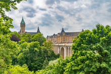 View Of Adolphe Bridge And Trees In Luxembourg.