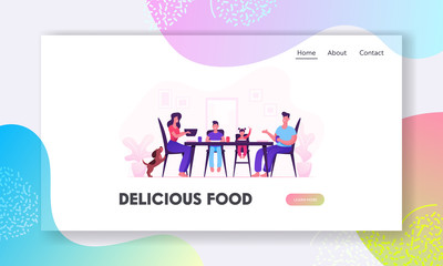 Wall Mural - Happy Family Eating Website Landing Page. Mother Father Little Kids and Dog Having Meal Around Table with Food. Cheerful Characters During Dinner Web Page Banner. Cartoon Flat Vector Illustration