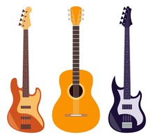Guitar Set. Acoustic And Electric Guitars Isolated On White Background. String Musical Instruments. Cute Flat Style Vector Illustration.