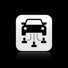 Black Car sharing with group of people icon isolated on black background. Carsharing sign. Transport renting service concept. Silver square button. Vector Illustration