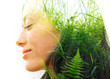 © DAZOKA.com - Double exposure close up portrait of a beautiful smiling woman interwoven with leaves of a vibrant tropical tree