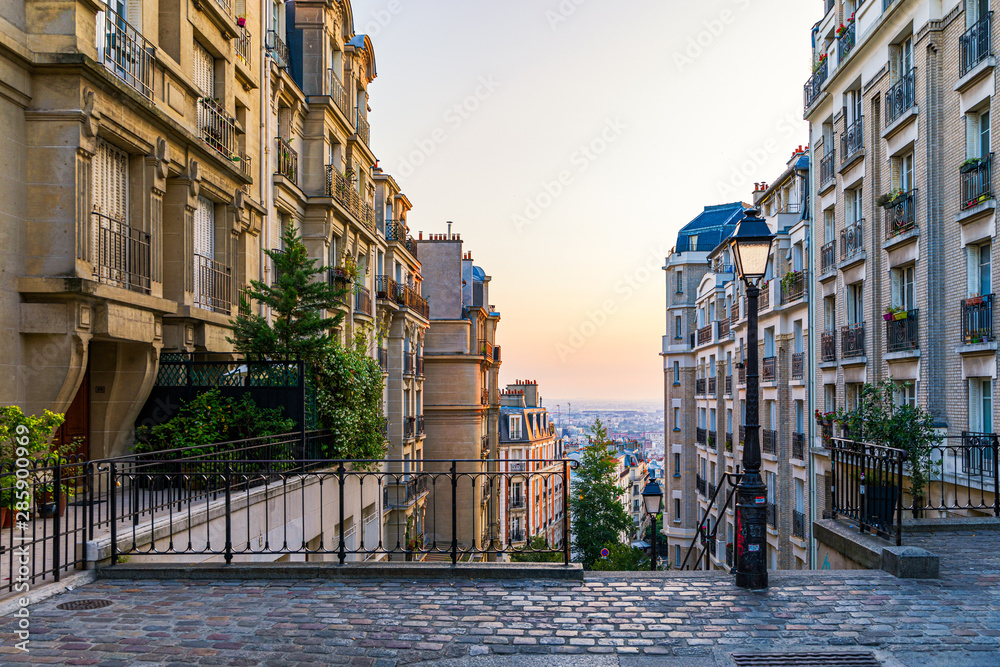Montmartre district of Paris. Morning Montmartre staircase in Paris, France. Europa. View of cozy street in quarter Montmartre in Paris, France. Architecture and landmarks of Paris. Postcard of Paris. - obrazy, fototapety, plakaty 