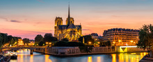 Notre Dame De Paris Cathedral At Sunset, France. Notre Dame De Paris, Most Beautiful Cathedral In Paris. Picturesque Sunset Over Cathedral Of Notre Dame De Paris, Destroyed In A Fire In 2019, Paris.