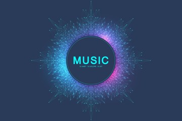 Poster - Colorful music and dance night party banner or poster. Background with fractal grid, radial sound wave, equalizer. Vector illustration.