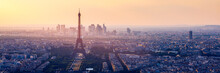 High Resolution Aerial Panorama Of Paris, France Taken From The Notre Dame Cathedral Before The Destructive Fire Of 15.04.2019. The River Seine. Aerial View Of Paris At Sunset. Paris, France.