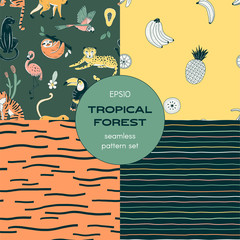 Jungle animals seamless pattern set. Tropical exotic fruits. Animals and plants. Striped print. Rainforest wildlife. Decorative textile, wallpaper, wrapping paper vector design