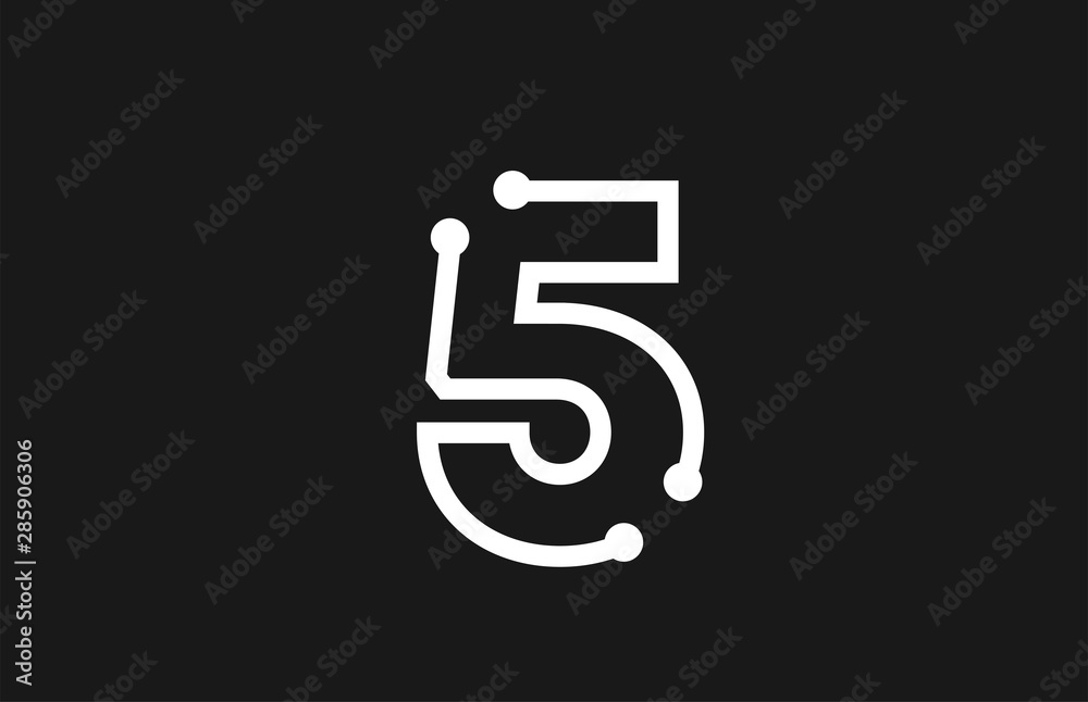 5 number black and white logo design with line and dots - obrazy, fototapety, plakaty 