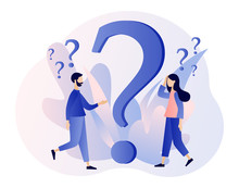 FAQ Concept Set. People Around Exclamations And Question Marks. Metaphor Question Answer. Modern Flat Cartoon Style. Vector Illustration