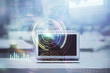© peshkova - Double exposure of table with computer on background and data theme drawing. Concept of innovation.