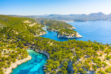 Panoramic View Of Calanques National Park Near Cassis Fishing Village, Provence, South France, Europe, Mediterranean Sea