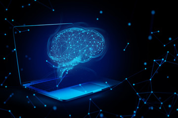digital technology ai robotic brain and laptop computer, data machine deep learning, server online privacy security social network, supercomputer