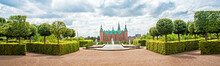 Beautiful Landscape With Fountain And Magical Incredible Gardens And Park Frederiksborg Slot Castle Near Copenhagen. Hillerod, Denmark. Exotic Amazing Places. Popular Tourist Atraction.