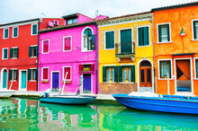 Colorful Houses On The Canal In Burano Island, Venice, Italy. Famous Travel Destination