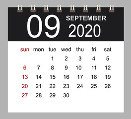 Business calendar 2020 of September. Notebook isolated page. Week starts Sunday. Vector illustration.