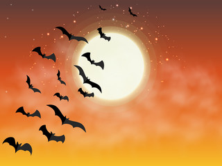 Poster - Happy Halloween. Bats flying on background of orange full moon. Vector illustration.