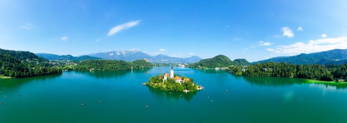 Wall Mural - Lake Bled and the Church island of the assumption of Mary, Aerial image on a beautiful Slovenian summer day.