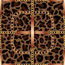 Seamless Pattern With Belts, Chains And Rope On Leopard Skin Background
