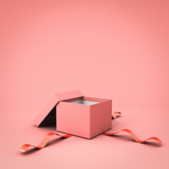 Poster - Blank open gift box or present box with red ribbon isolated on pink pastel color background with shadow 3D rendering