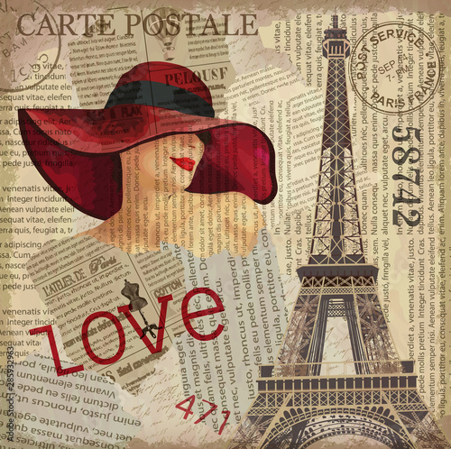 Cuadros en Lienzo Vintage poster Paris torn newspaper background.