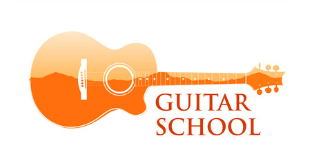Wall Mural - Logo emblem for Guitar music school. Vector illustration of silhouette of guitar with caption on white background isolated - Royalty Free