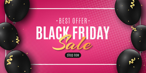 Wall Mural - Sale banner for Black Friday. Golden confetti and serpentine. Flying black balloons. Beautiful lettering. Pink background and halftone effect. Seasonal shopping. Vector illustration