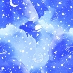 Wall Mural - seamless blue sky pattern with white constellations, stars and watercolor clouds