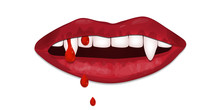 Vampire Mouth Isolated On White Background. Red Lips Woman With Drops Of Blood. Vector