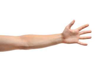Wall Mural - young man held out hand on white background, closeup