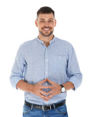 Professional business trainer posing on white background