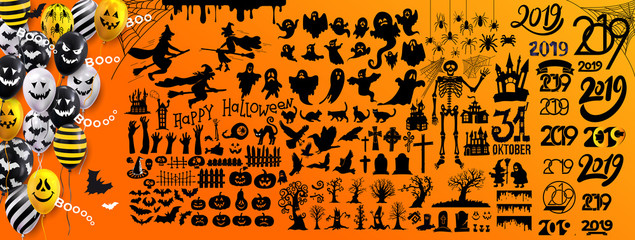 Set of halloween silhouettes 2019 black icon and character. Vector illustration. Isolated on yellow background.