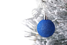 Beautiful Christmas Tree With Festive Decor On White Background, Closeup