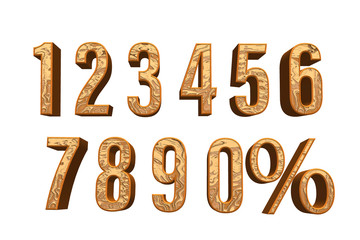 3D Numerals, wooden numeral, set of arithmetic signs and numbers isolated on white Background