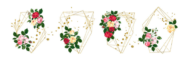 Wedding floral golden geometric triangular frame with pink red yellow roses