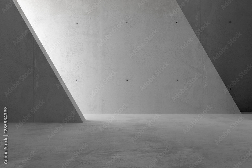 Abstract empty, modern concrete room with sidelit back triangle wall - industrial interior background template, 3D illustration - obrazy, fototapety, plakaty 