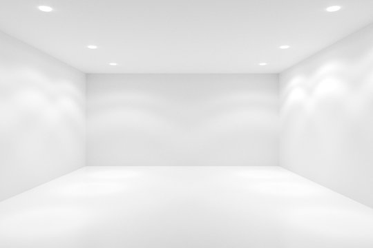 Empty white room with spotlights in the ceiling - gallery or modern interior template, 3D illustration